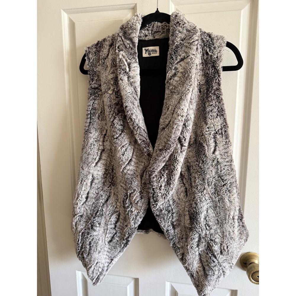 Show Me Your Mumu Faux Fur Vest Grey White Open Front Waterfall Medium